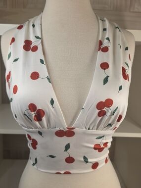 NWT Rooscier White Cherry Print Halter Tank Top Size XS
